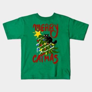 Funny Cat Merry Catmas Christmas Tree Cat Attack Kids T-Shirt